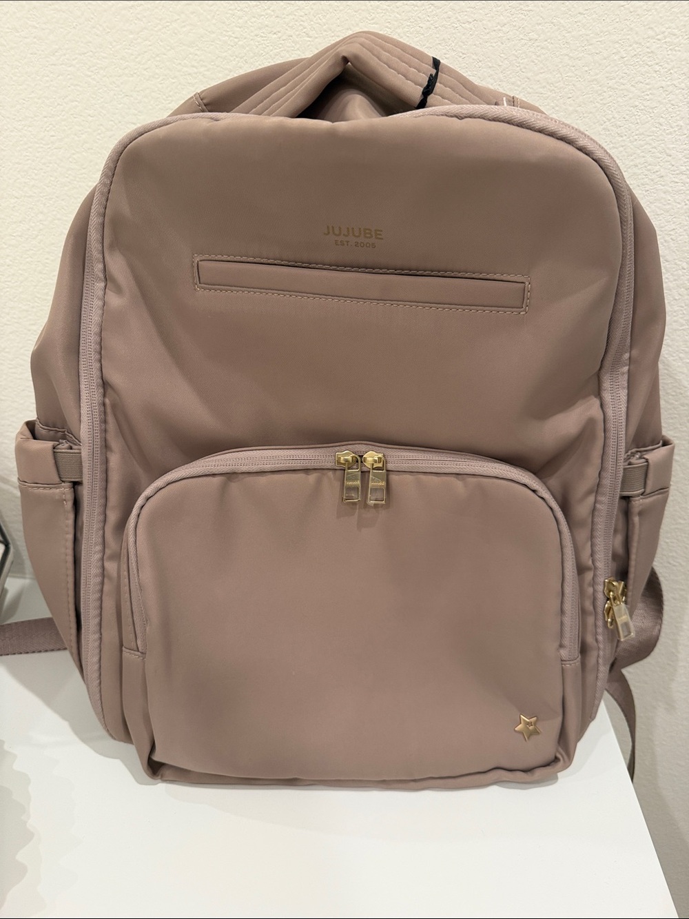 Ju-Ju-Be Classic Diaper Backpack in Taupe with Gold Hardware